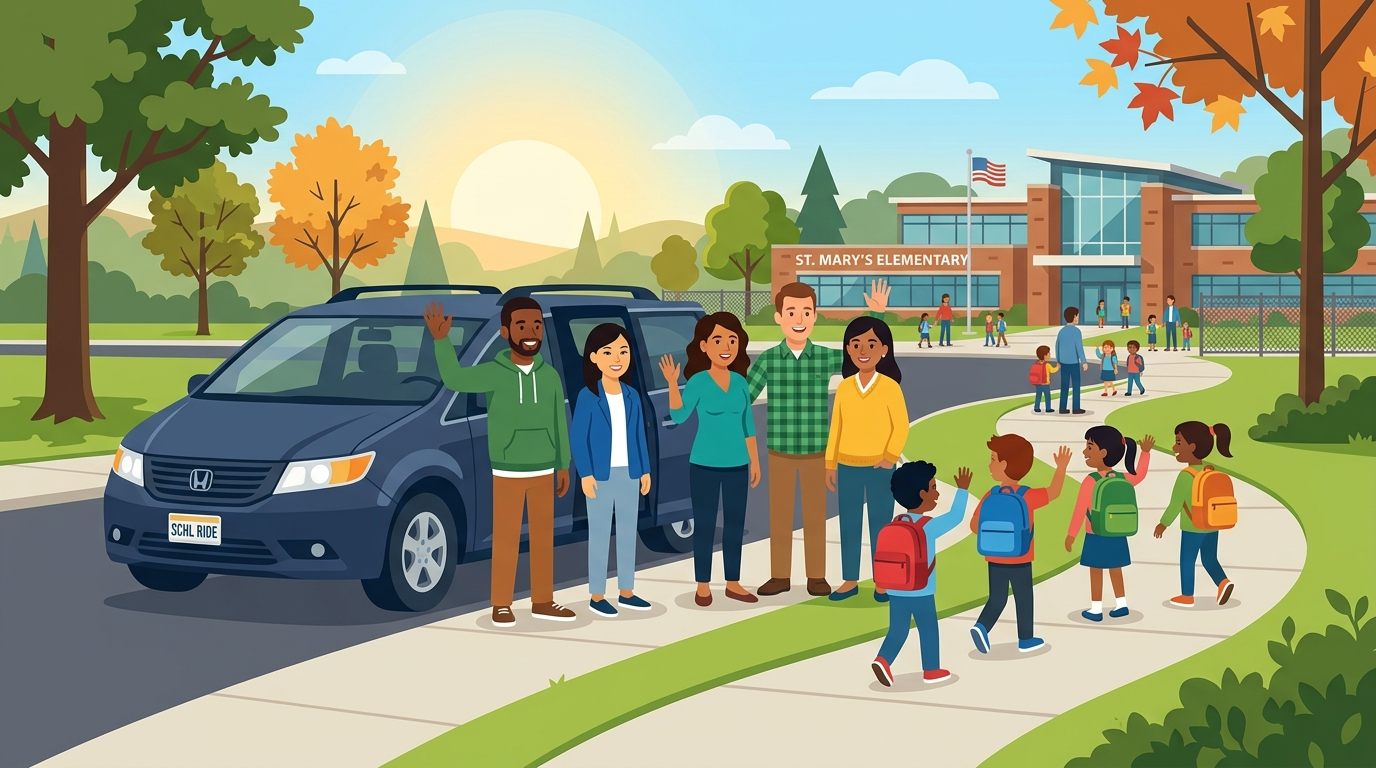 Parents coordinating school carpool pickup at elementary school