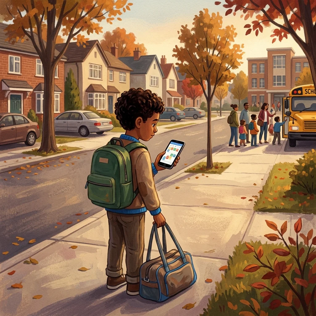A child on a sidewalk with a backpack and overnight bag, looking at a phone calendar showing alternating days at two different houses; warm suburban street scene