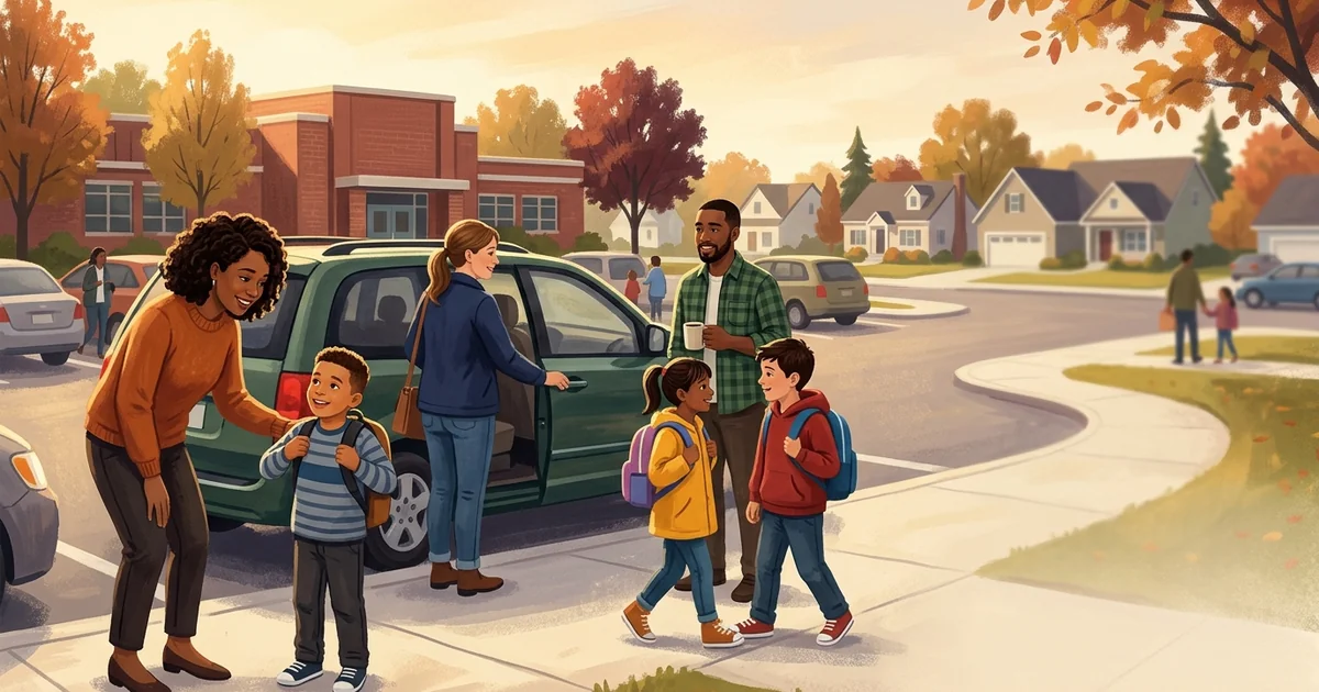 A child with a backpack walking confidently toward a waiting car, two adults in the background being cordial