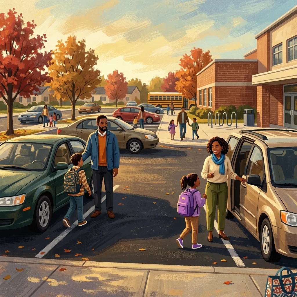 Two parents standing on opposite sides of a school parking lot, both calmly engaged with their kids who are walking toward different cars; warm late-afternoon suburban dropoff scene