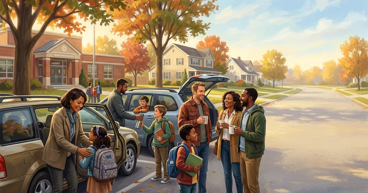 Two mothers chatting by an SUV in a sunny suburban neighborhood while kids load backpacks into the car