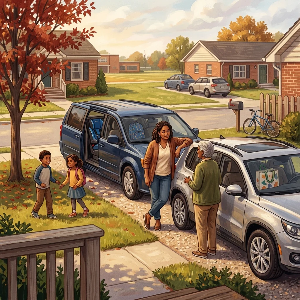 A parent leaning on a car door frame chatting with a neighbor driver in an early-morning driveway, coffee cup in hand