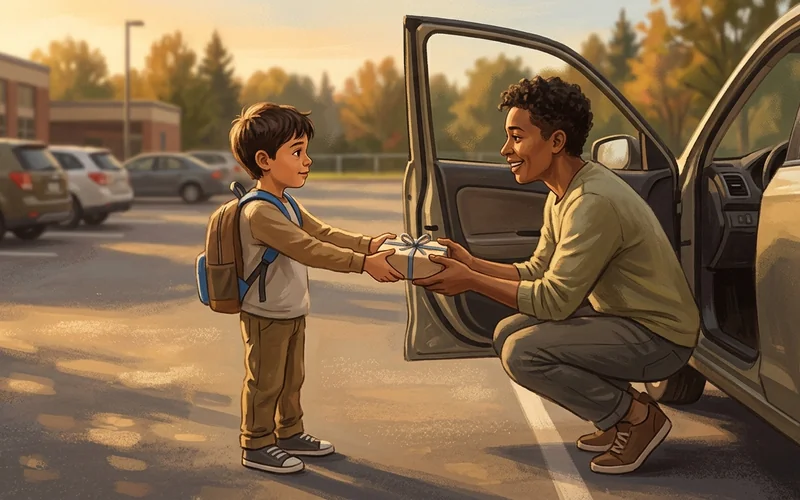A child handing a small wrapped gift to a smiling parent driver beside an open car door in a sunny school parking lot