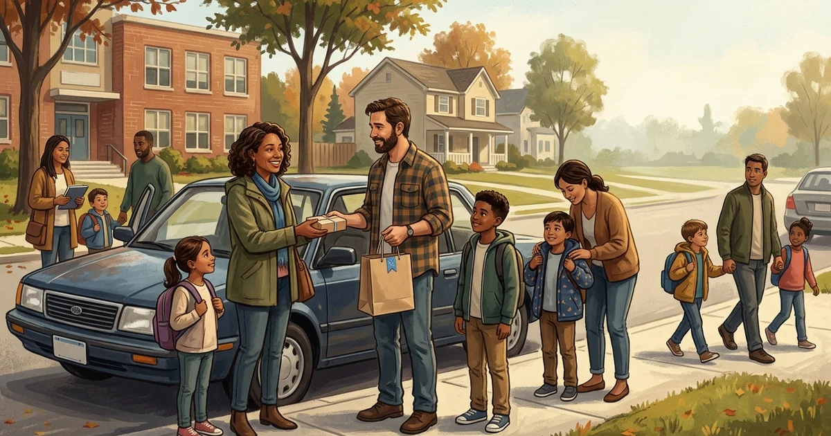 Parents and children exchanging a small gift bag beside a parked minivan in a sunny suburban driveway at the end of a school year