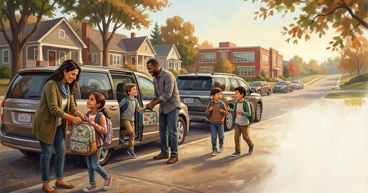 Kids laughing together in the back seat of a car on the way to school