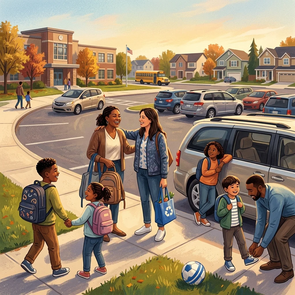 Elementary-age kids laughing and talking in a car backseat without phones, morning light through the windows