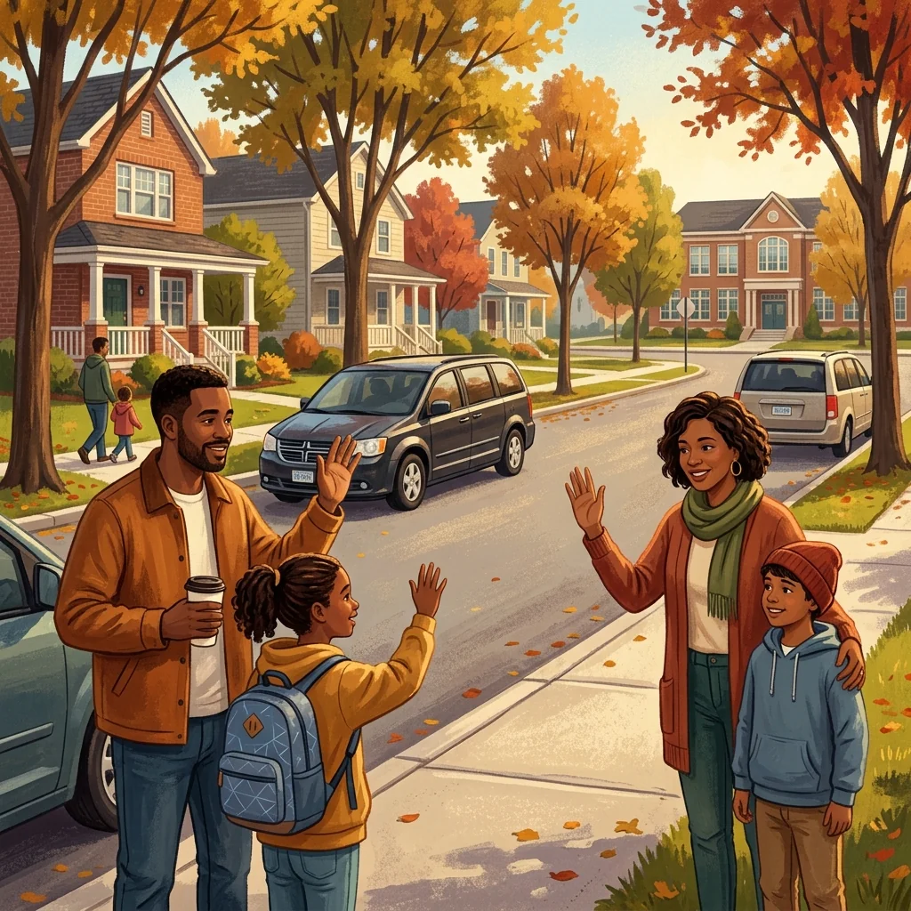 A small group of neighbors and kids waving to each other on a tree-lined suburban street with two minivans visible, in warm autumn afternoon light that conveys a sense of community