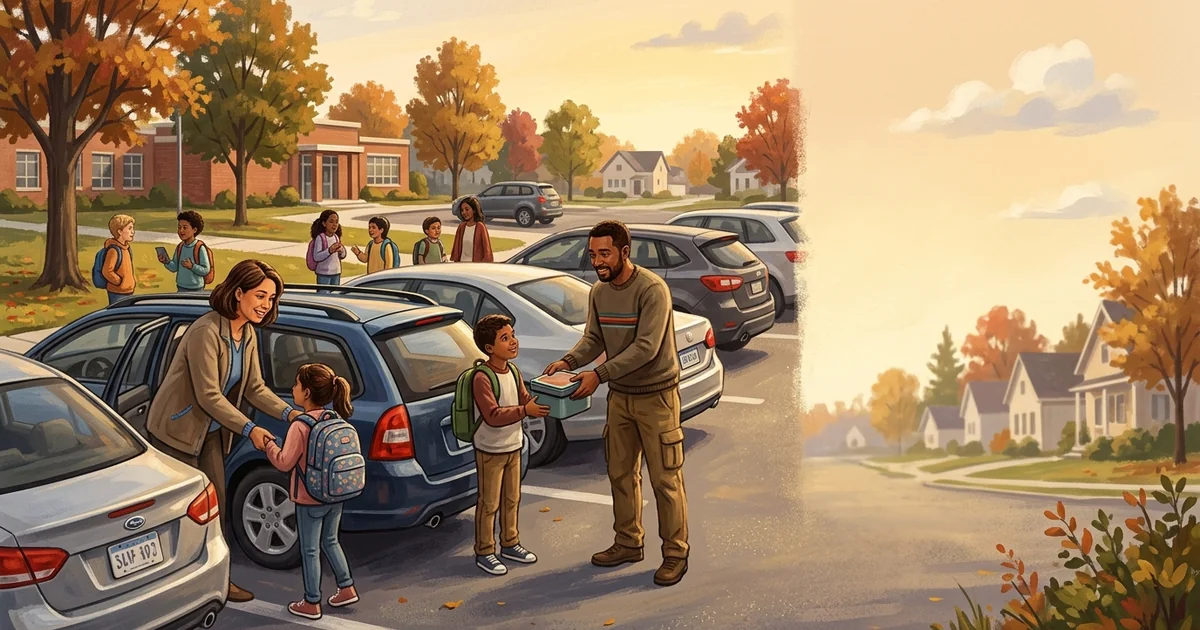 A parent looking exhausted in the school pickup line with a coffee cup, long line of cars visible behind them