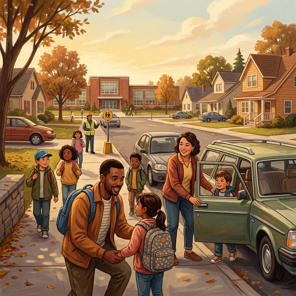 An illustration of carpool schedule details scattered in thought bubbles above parents' heads — dates, times, swap agreements — with no written record anywhere