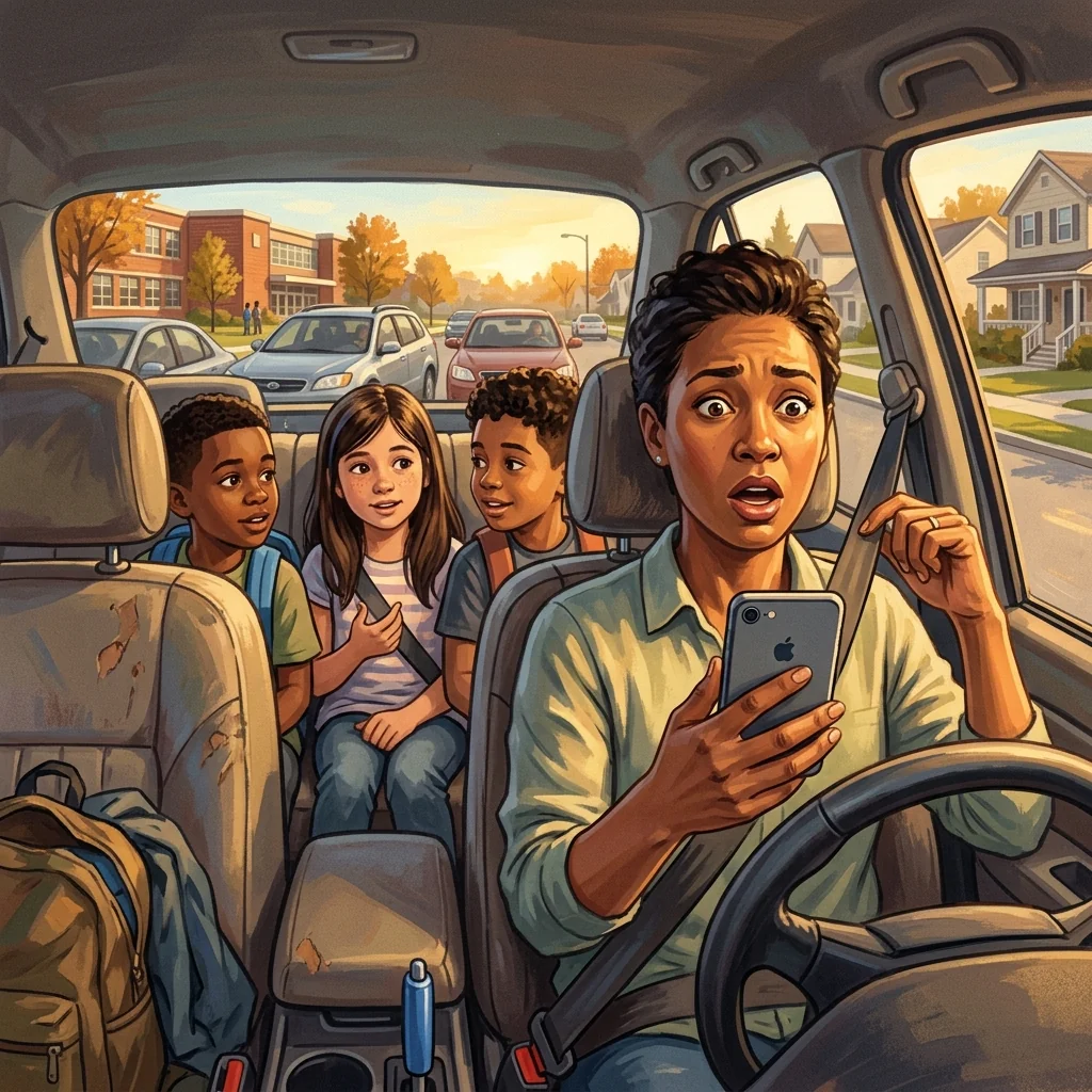A parent in a car holding a phone with an alarmed expression, kids in the back seat, late-afternoon golden light streaming in; painterly editorial illustration of the