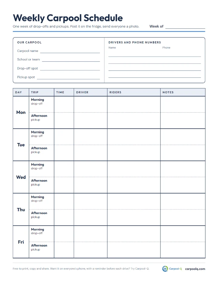 Page 1 of the printable: a weekly carpool schedule with a morning drop-off and afternoon pickup row for each weekday, and columns for time, driver, riders and notes