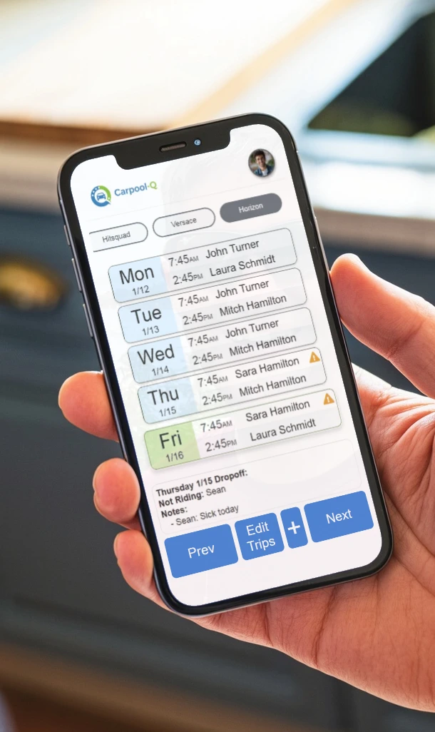 Parent holding phone showing Carpool-Q weekly schedule