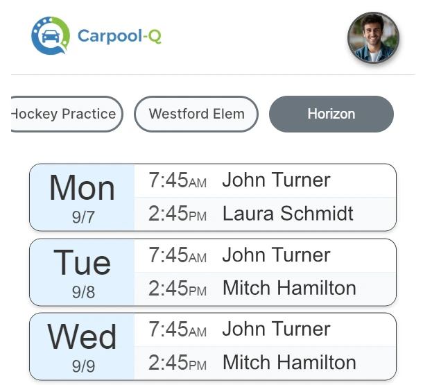 A week of morning and afternoon carpool drivers in the Carpool-Q app