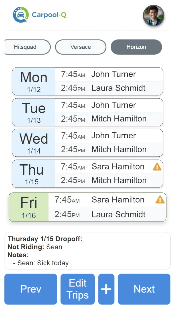 Weekly carpool schedule view
