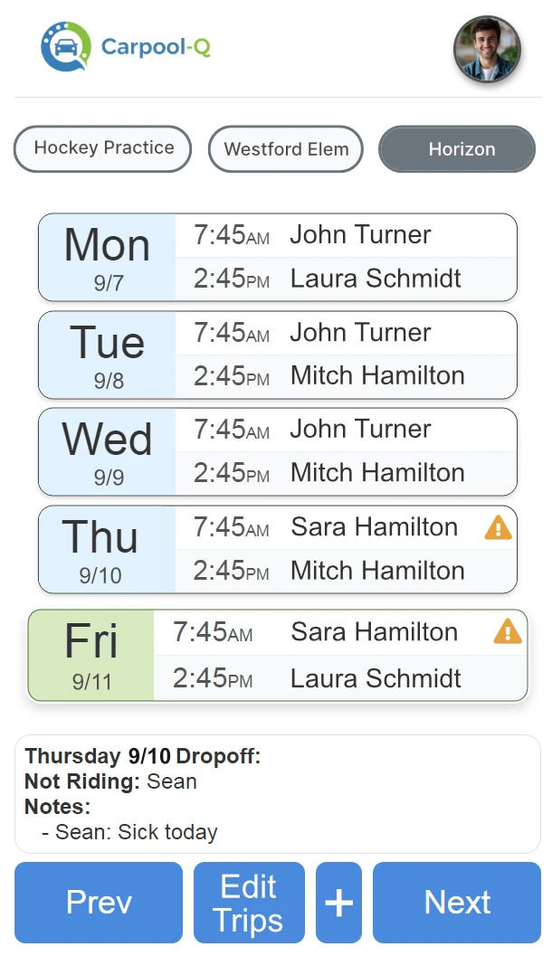 Weekly carpool schedule view